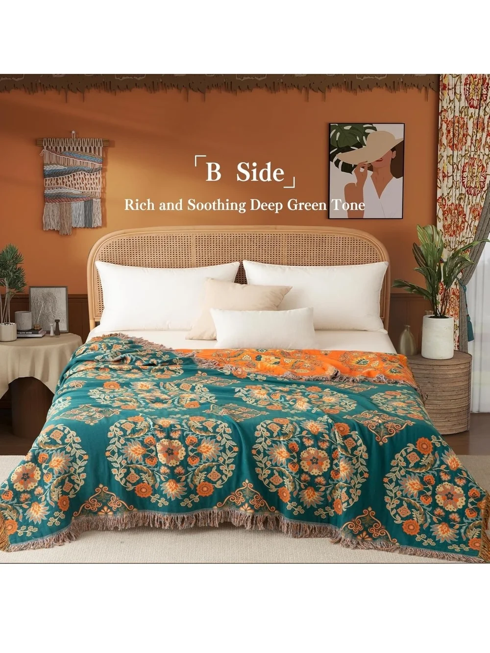 Reversible Floral Fringe Throw Blanket - Orange & Teal 60x80